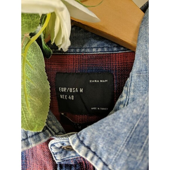 ZARA MAN Men's Plaid Red Blue Button Up Slim Fit Long Sleeve Collar Size Medium - Picture 6 of 7